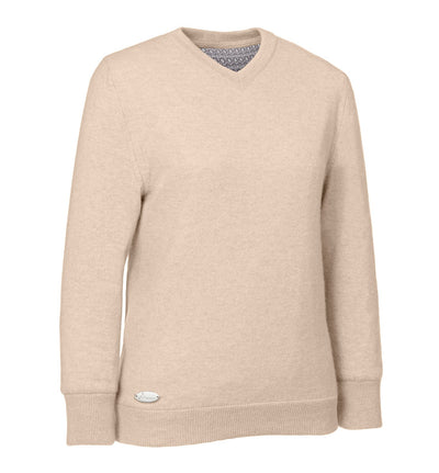 Viktorias Athleisure Kaschmirpullover mit V-Ausschnitt für Damen und Herren - High-Tech-Innenfutter in der Farbe Sand. Klima-aktiv: Ideal zum Golfen, Segeln, Reiten, Wandern und Radfahren. Luxuriöser Komfort für den aktiven Freizeitbereich. Ein Must-Have-Pullover für aktive Lebensstile - immer perfekt gekleidet.